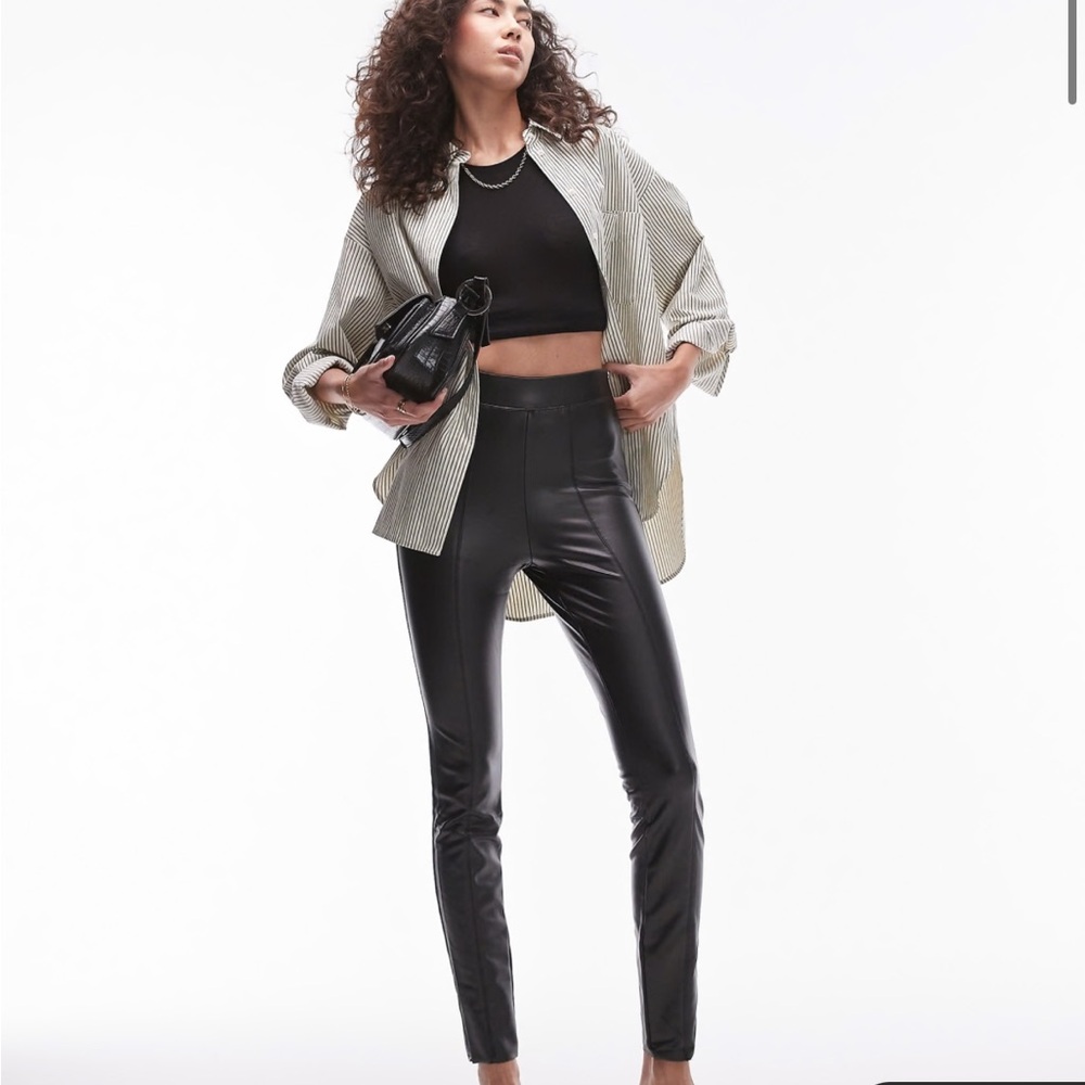 NWOT Top Shop Black Faux Leather Skinny Stretch High Rise Pants with Side Zipper